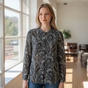Michael Kors Paisley Blouse Size S Sheer Boho Long Sleeve Top Blue Black‎